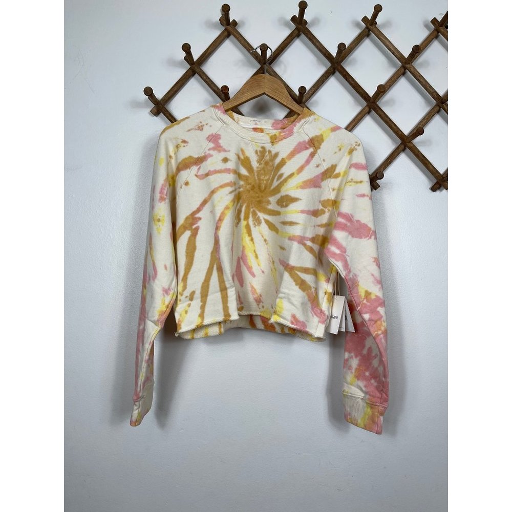 MOTHER The Loafer Crop Fray Sweatshirt In Coral Haze & Lemon - Picture 2 of 10